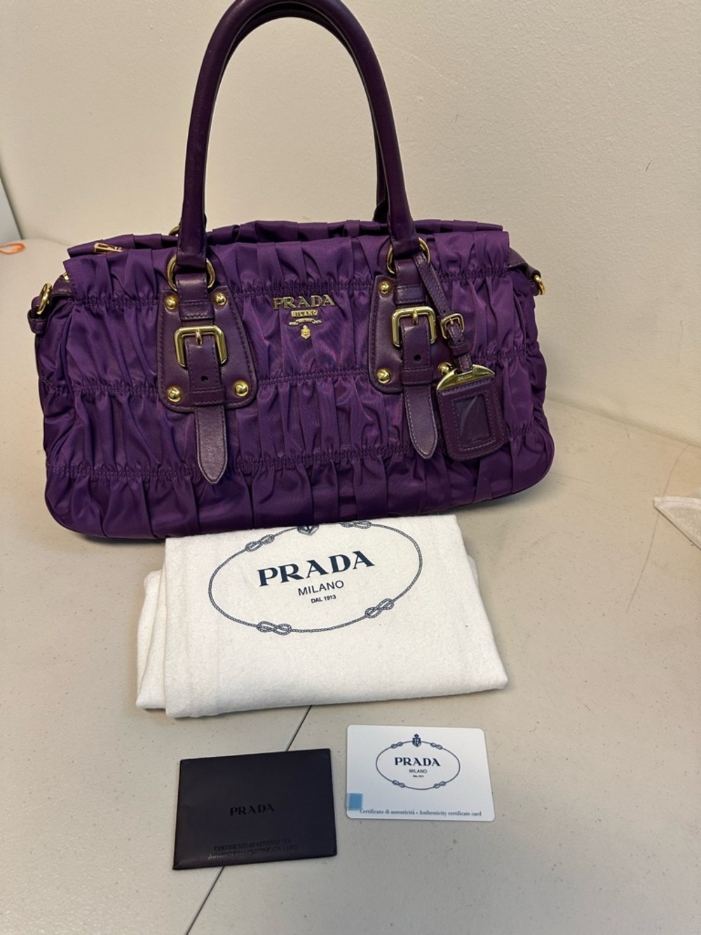 Prada Purple Gaufre Tessuto Satchel with Gold Hardware